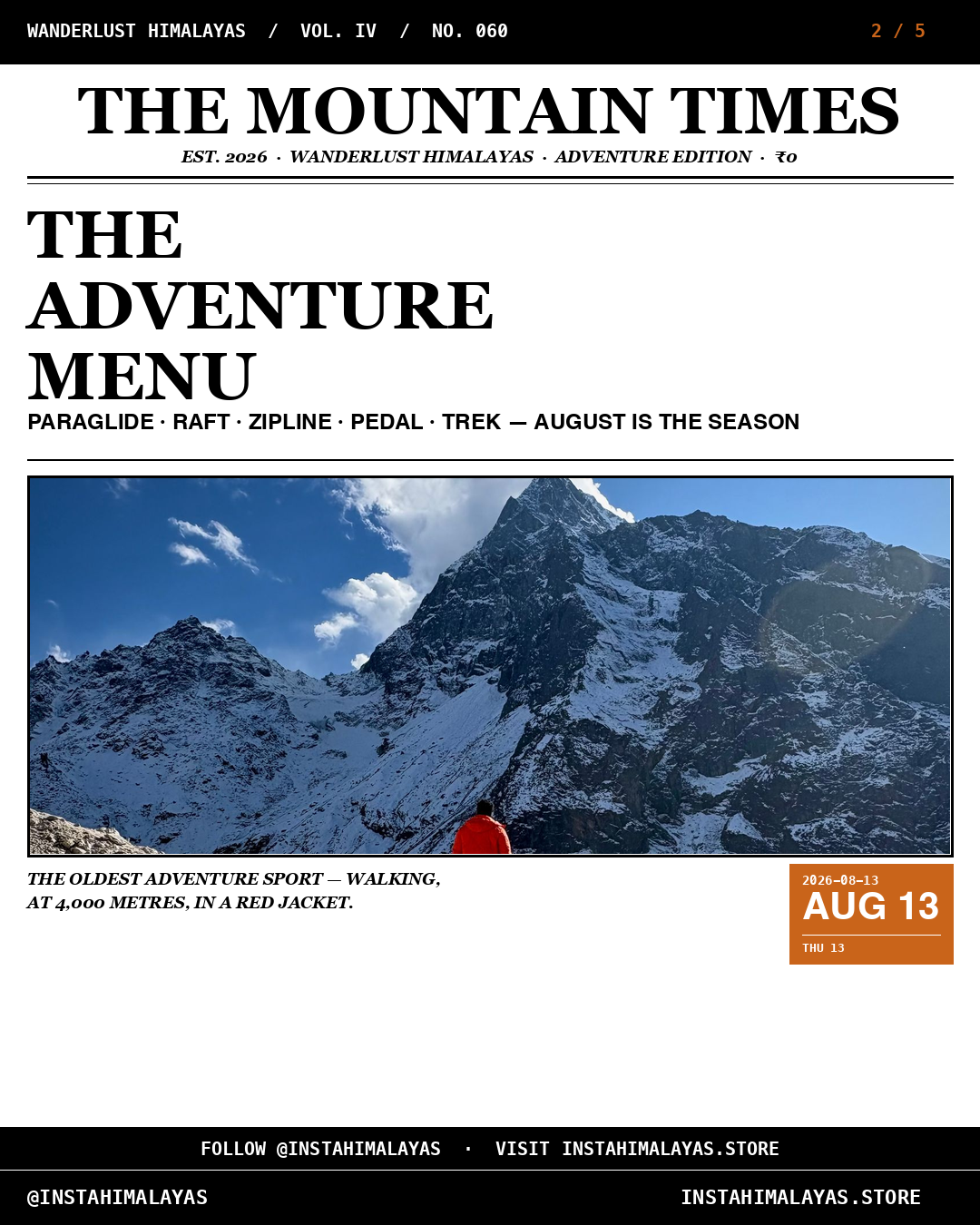 THE ADVENTURE MENU — five ways to leave the ground: paraglide, raft, zipline, pedal, trek. Wanderlust Himalaya Vol. IV No. 060, 2 of 5, August 2026 edition