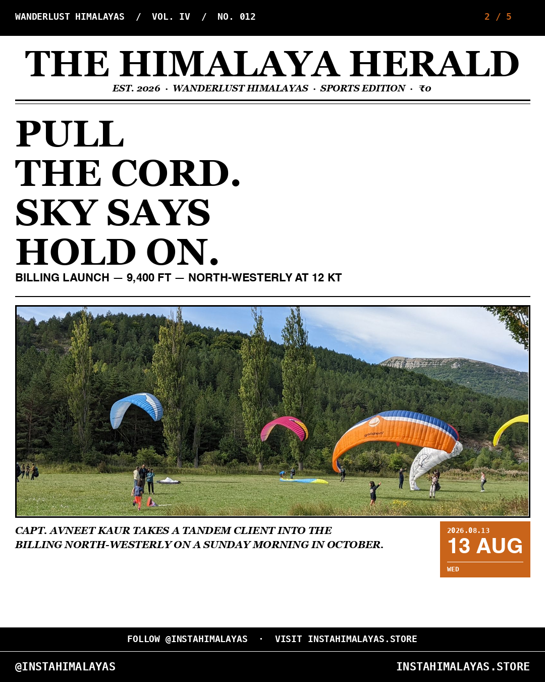 Slide 2 of 5 — the photo set. Newspaper front-page — Saturday morning at Billing take-off.
