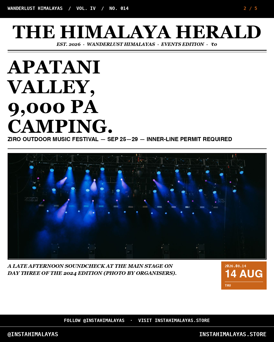 Slide 2 of 5 — the photo set. Newspaper — the day-three soundcheck, valley lights.