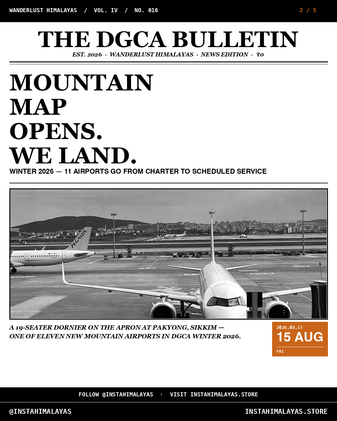 Slide 2 of 5 — the photo set. Newspaper — DGCA Bulletin with the 11-airport story.