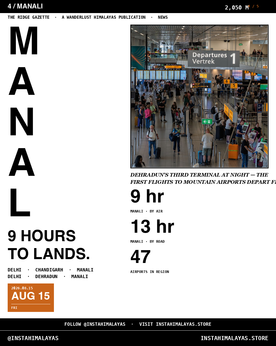 Slide 4 of 5 — the stack. The stack — MANALI, 9 hours to lands (by air).